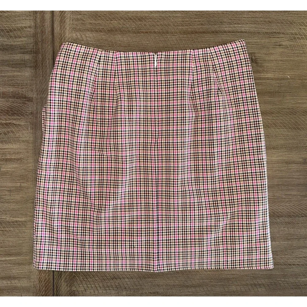 NWT LOFT Ann Taylor Pink Black Tan Plaid Tie Front Faux Wrap Mini Skirt Size 6